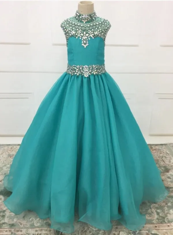 Custom Halter Ab Beaded A Line Romantic Child's Ball Gown