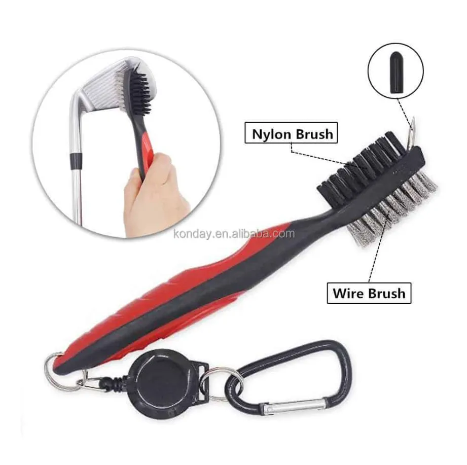 Deluxe Golf Brush with Groover & 2 Foot Retractor - Assorted Colours