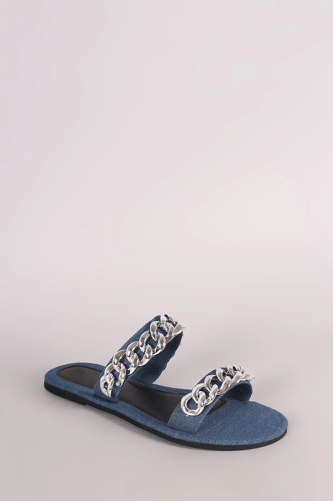 Denim Double Band Chain Embellished Slip-On Flat Sandal