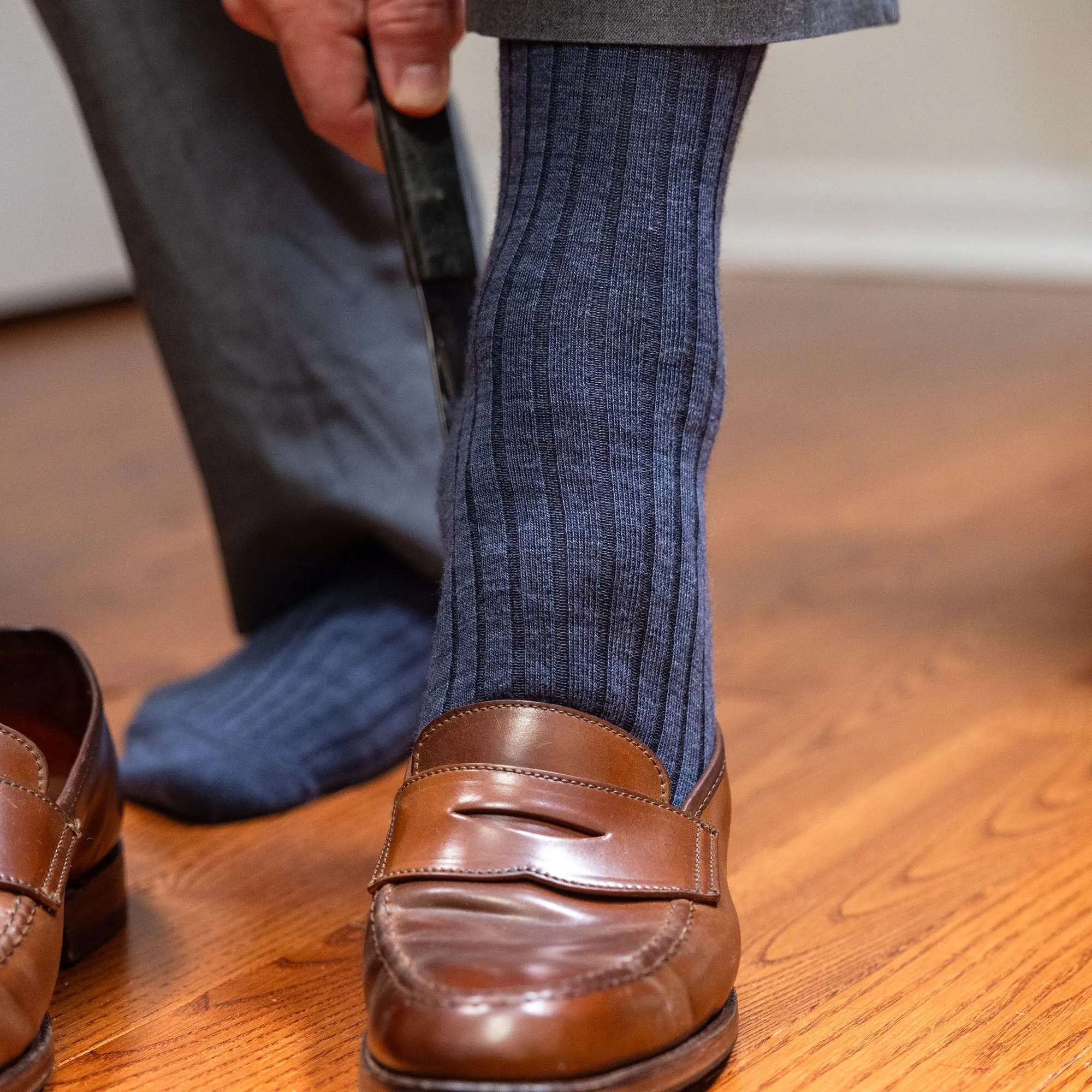 Denim Heather Merino Wool Over the Calf Dress Socks