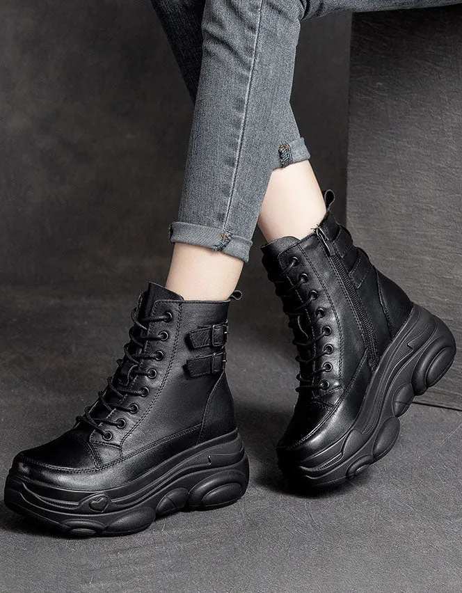 Double Buckles Lace up Retro Leather Platform Boots