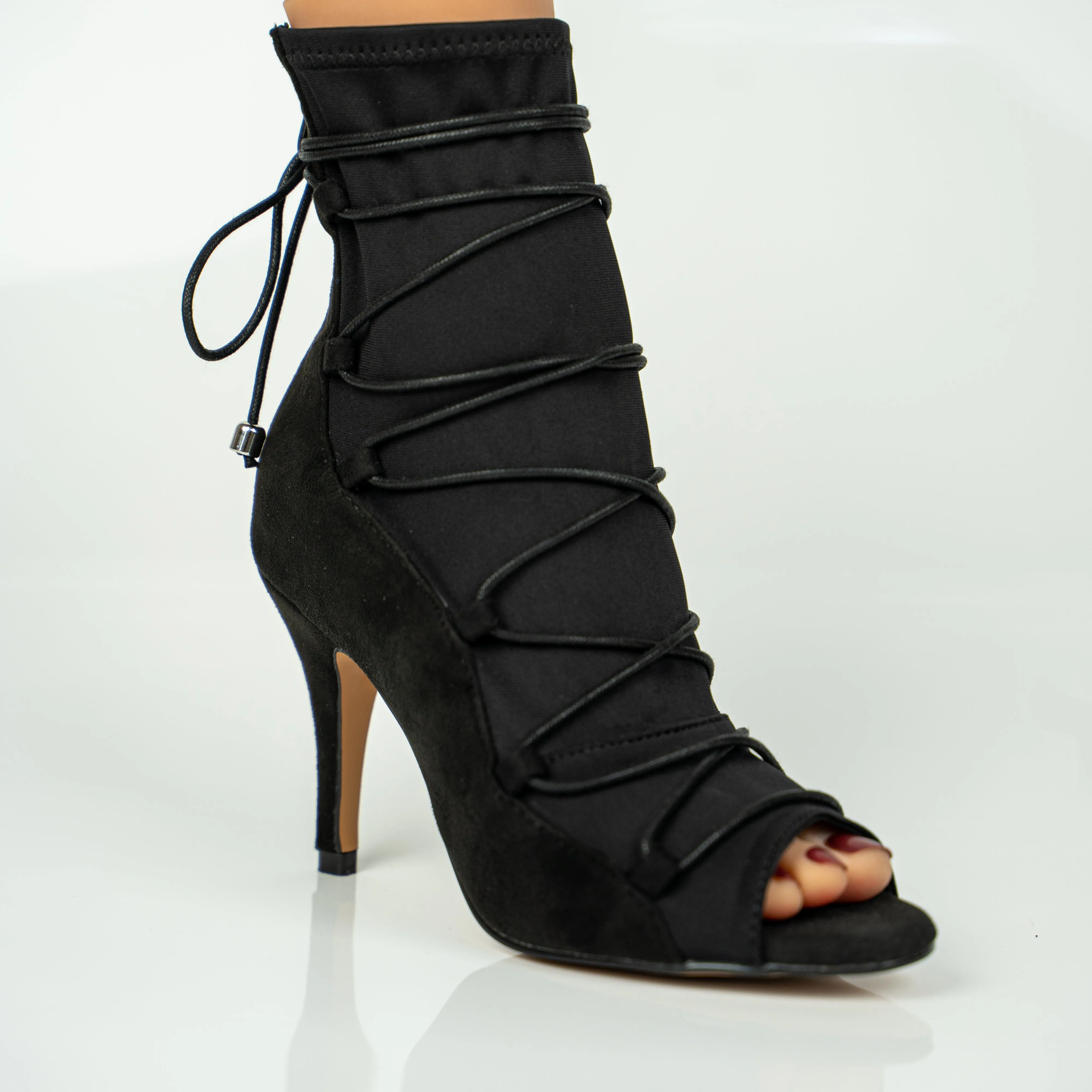 Eva Black Open Toe Lace Up Sock Bootie Dance Shoes