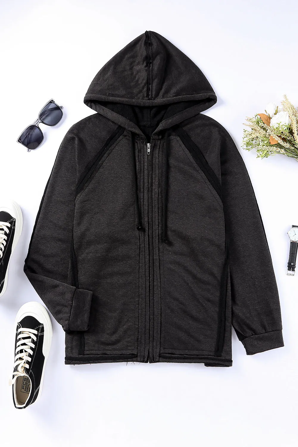 Exposed Seam Drawstring Hooded Jacket with Pockets