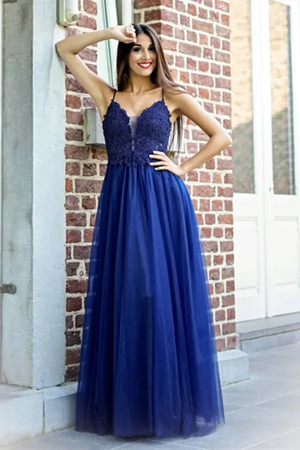 Exquisite Spaghetti Straps A line Prom Dresses Tulle Appliqued Gowns,Formal Dresses