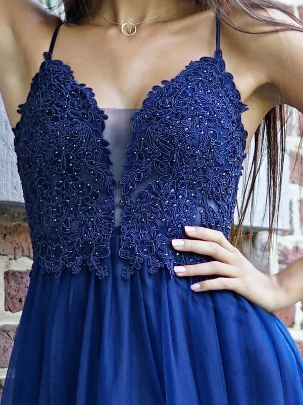 Exquisite Spaghetti Straps A line Prom Dresses Tulle Appliqued Gowns,Formal Dresses