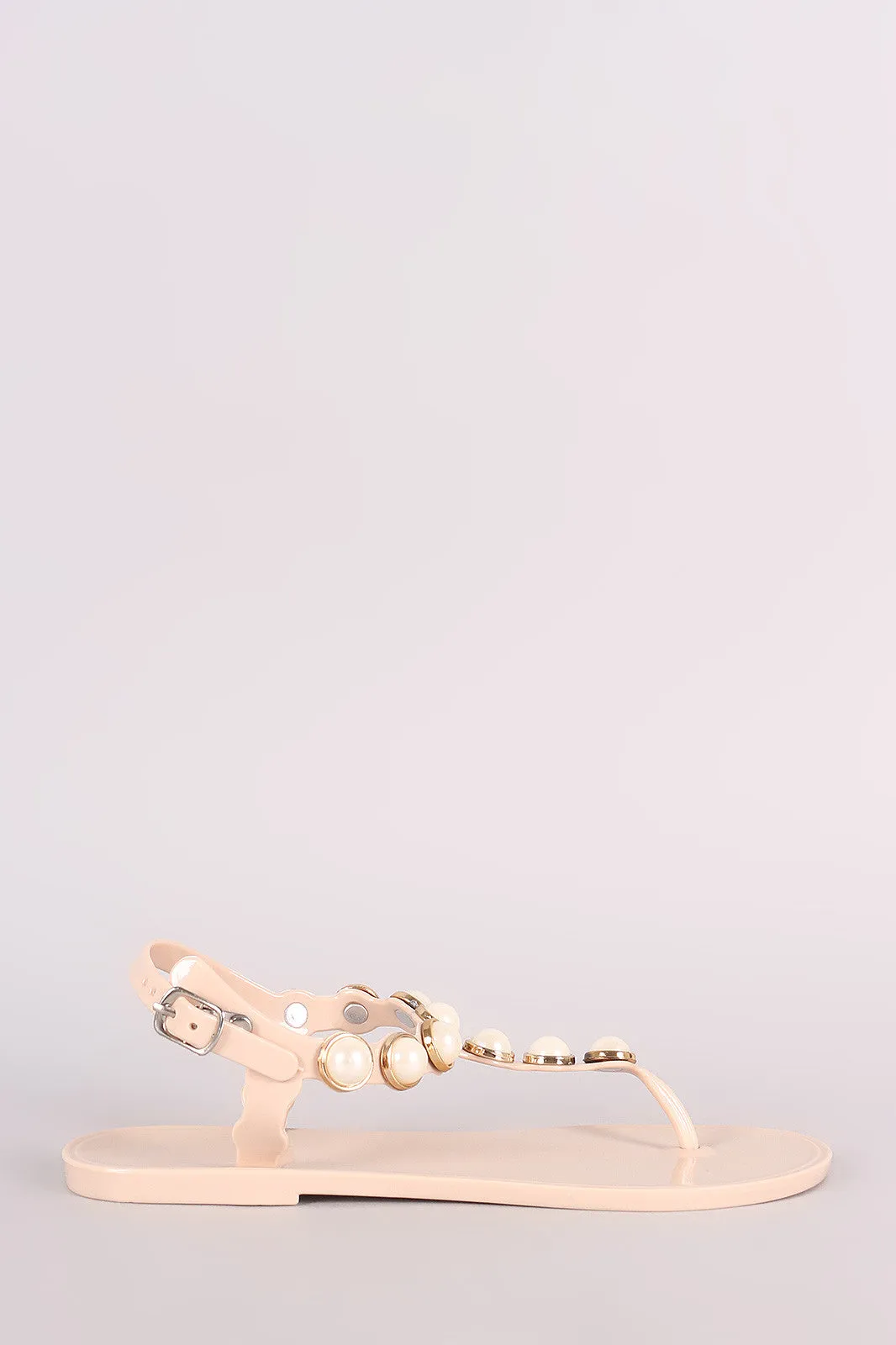 Faux Pearl Embellished T-Strap Thong Flat Sandal