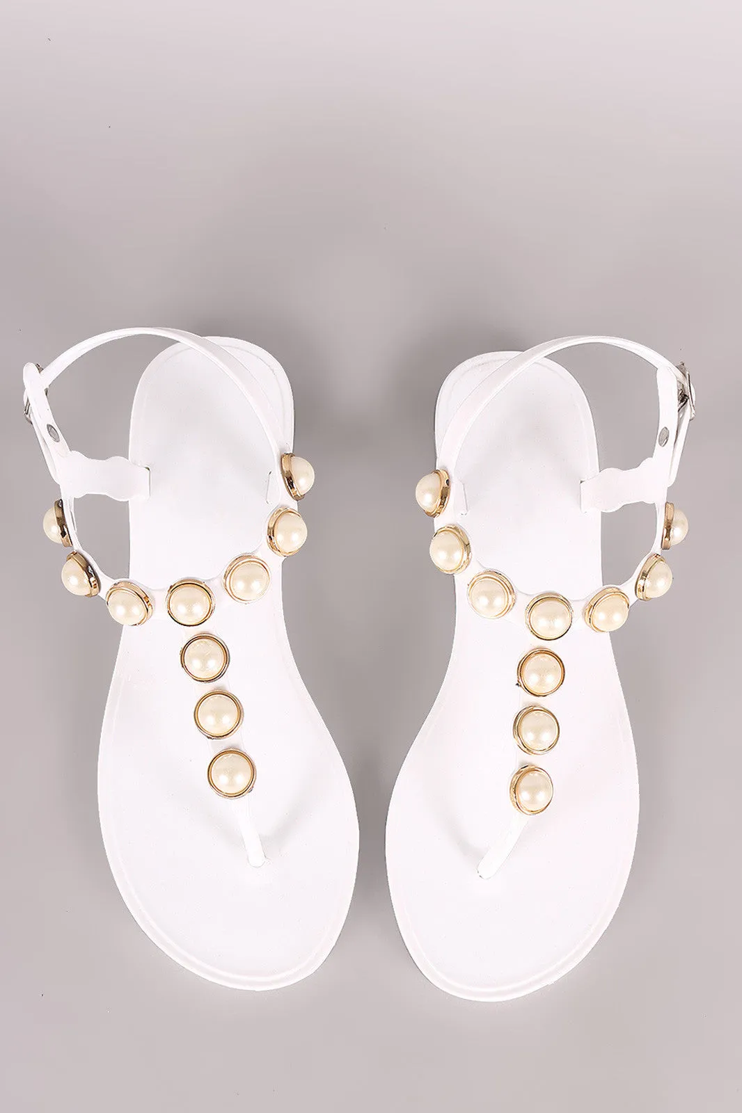 Faux Pearl Embellished T-Strap Thong Flat Sandal