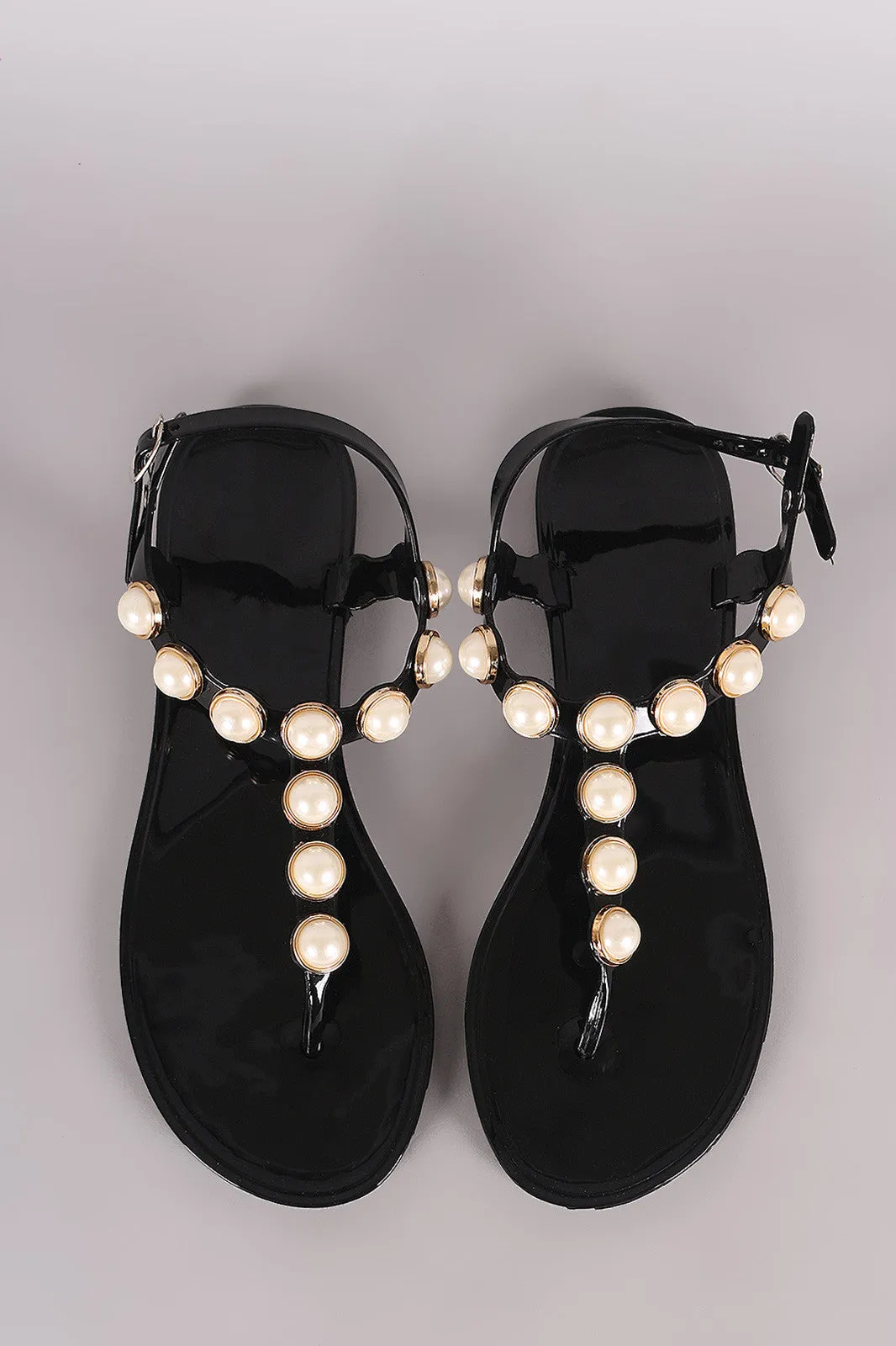 Faux Pearl Embellished T-Strap Thong Flat Sandal