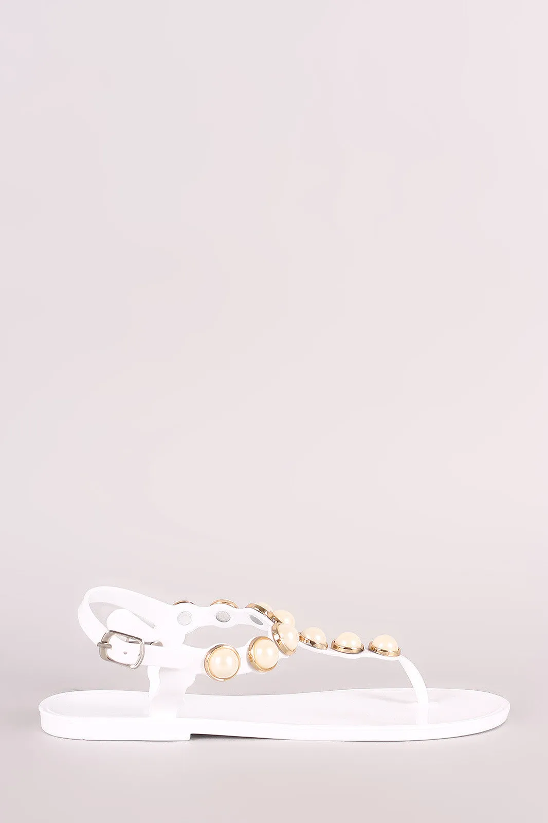 Faux Pearl Embellished T-Strap Thong Flat Sandal