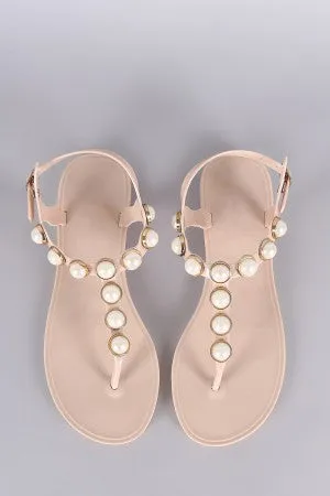 Faux Pearl Embellished T-Strap Thong Flat Sandal