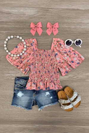 Floral Flowy Sleeve Smocked Top