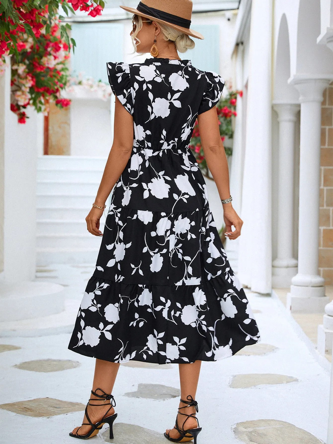 Floral Frill Trim V-Neck Tiered Midi Dress