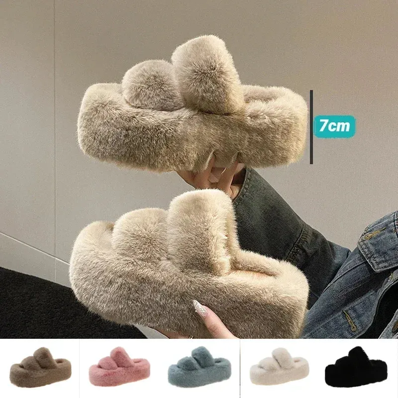 Fluffy Faux Fur Slippers with 7cm Platform – Cozy Fuzzy Slippers for Winter