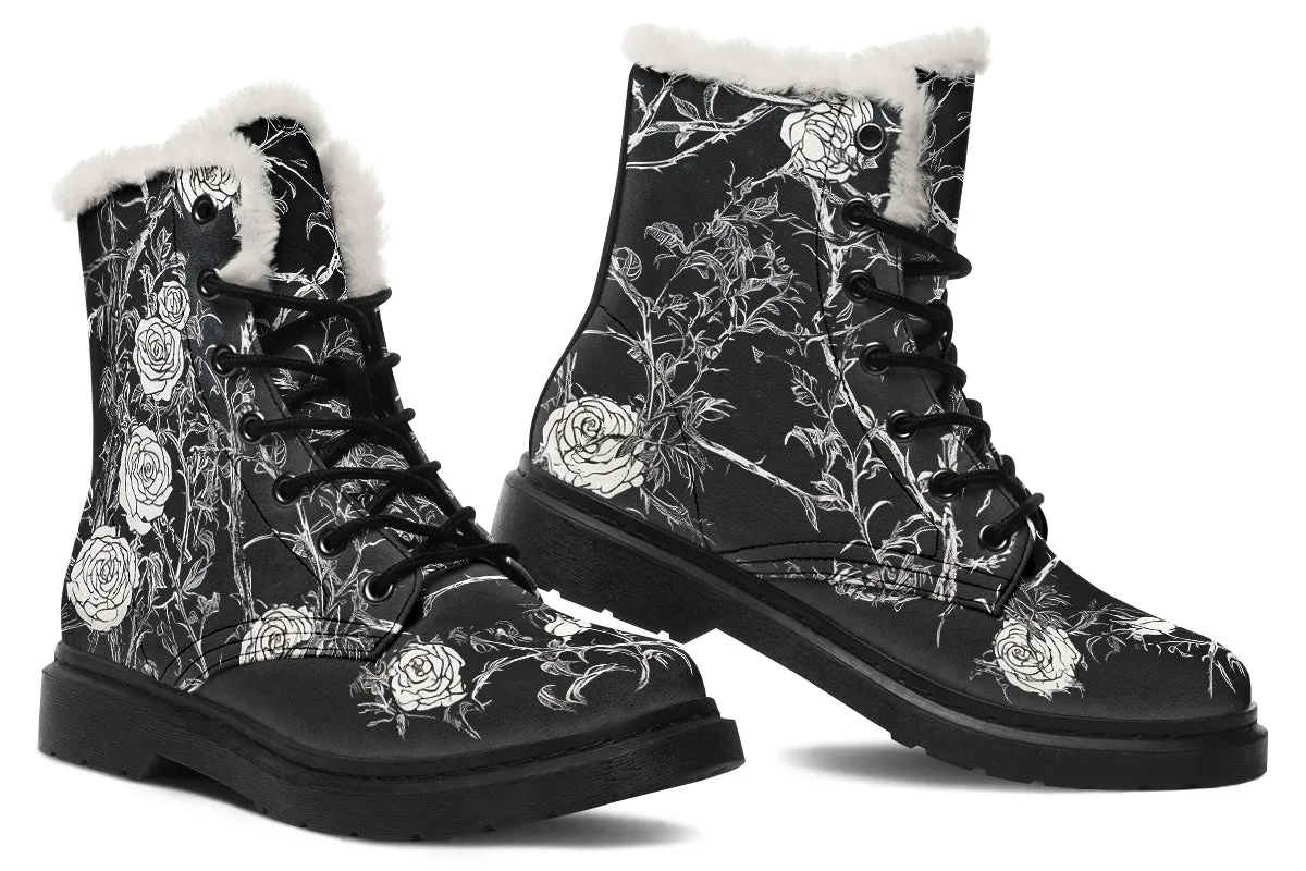 Fragile Rose Winter Boots - Warm Micro-Suede Doc-Style Boots Lined with Vegan Wool