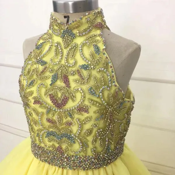 Full Handmade Little Girl Halter Beaded Bodice Floor-Long Yellow Pageant Gown