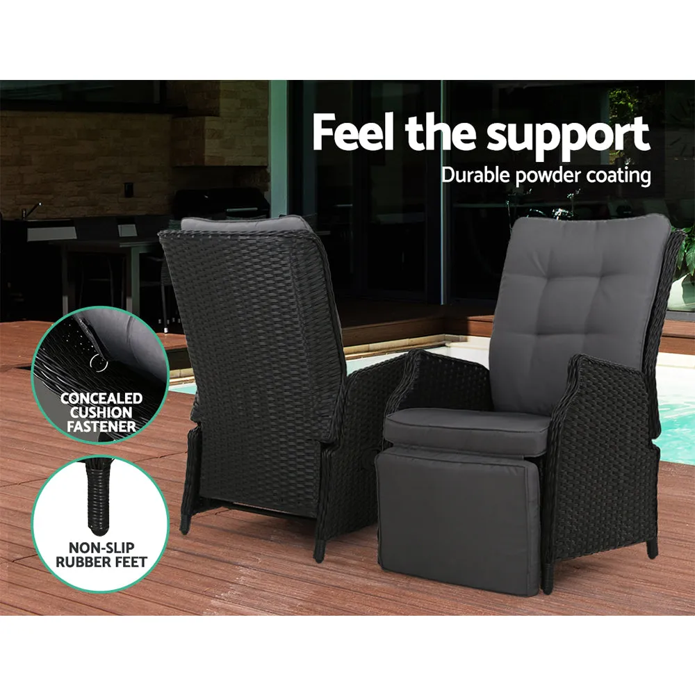 Gardeon Set of 2 Recliner Chairs Sun lounge Outdoor Furniture Setting Patio Wicker Sofa Black