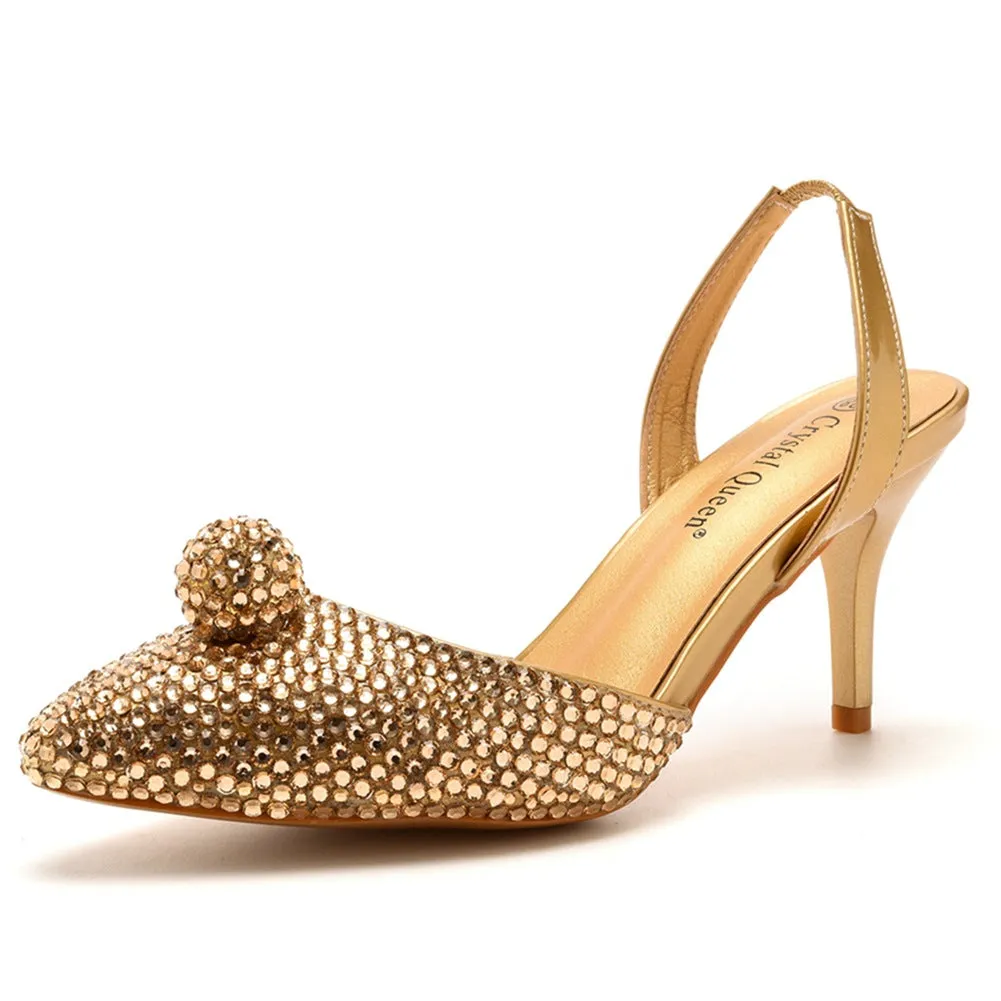 Glittering Rhinestone Ball Bead Pointed Toe High Heels