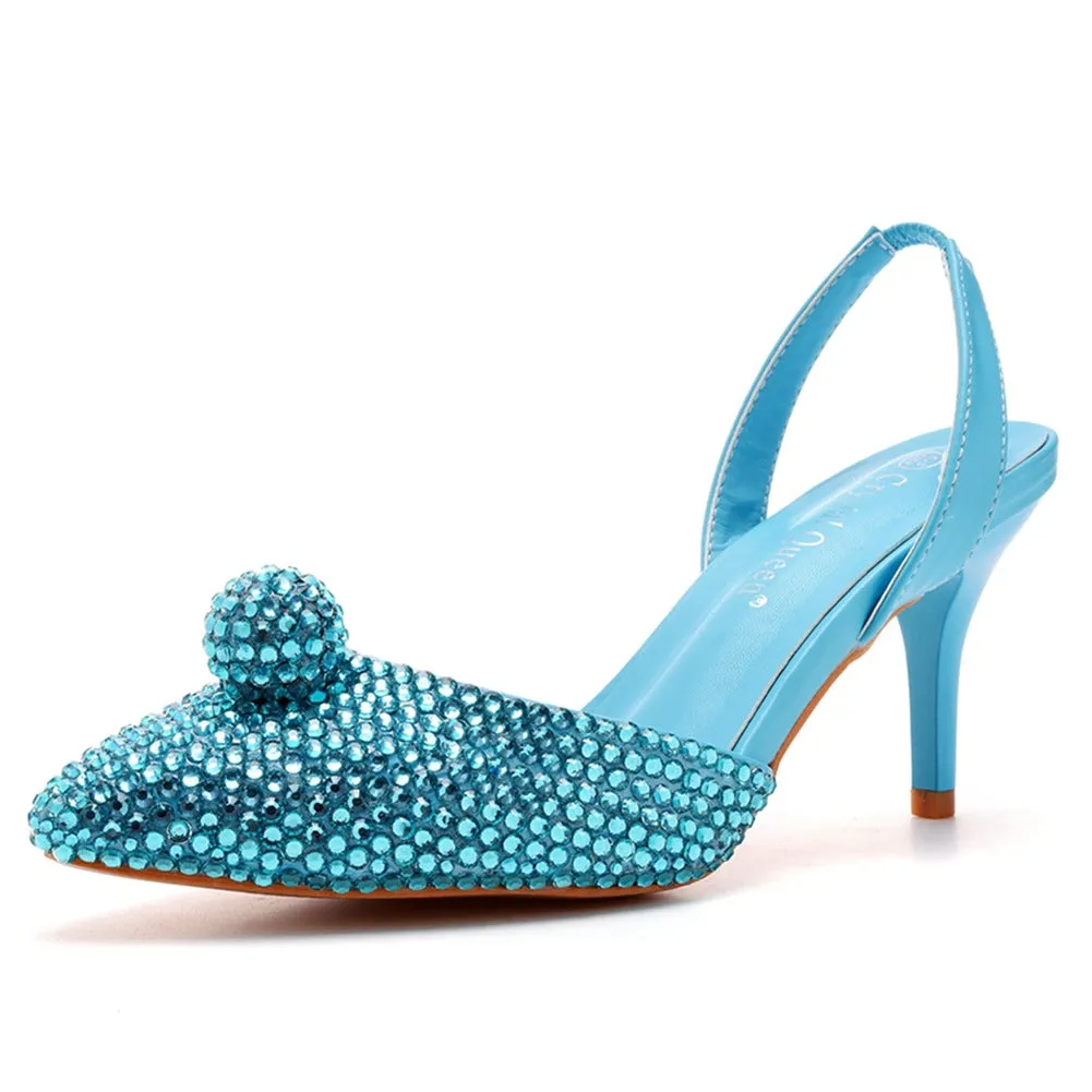 Glittering Rhinestone Ball Bead Pointed Toe High Heels