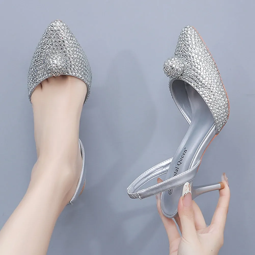 Glittering Rhinestone Ball Bead Pointed Toe High Heels