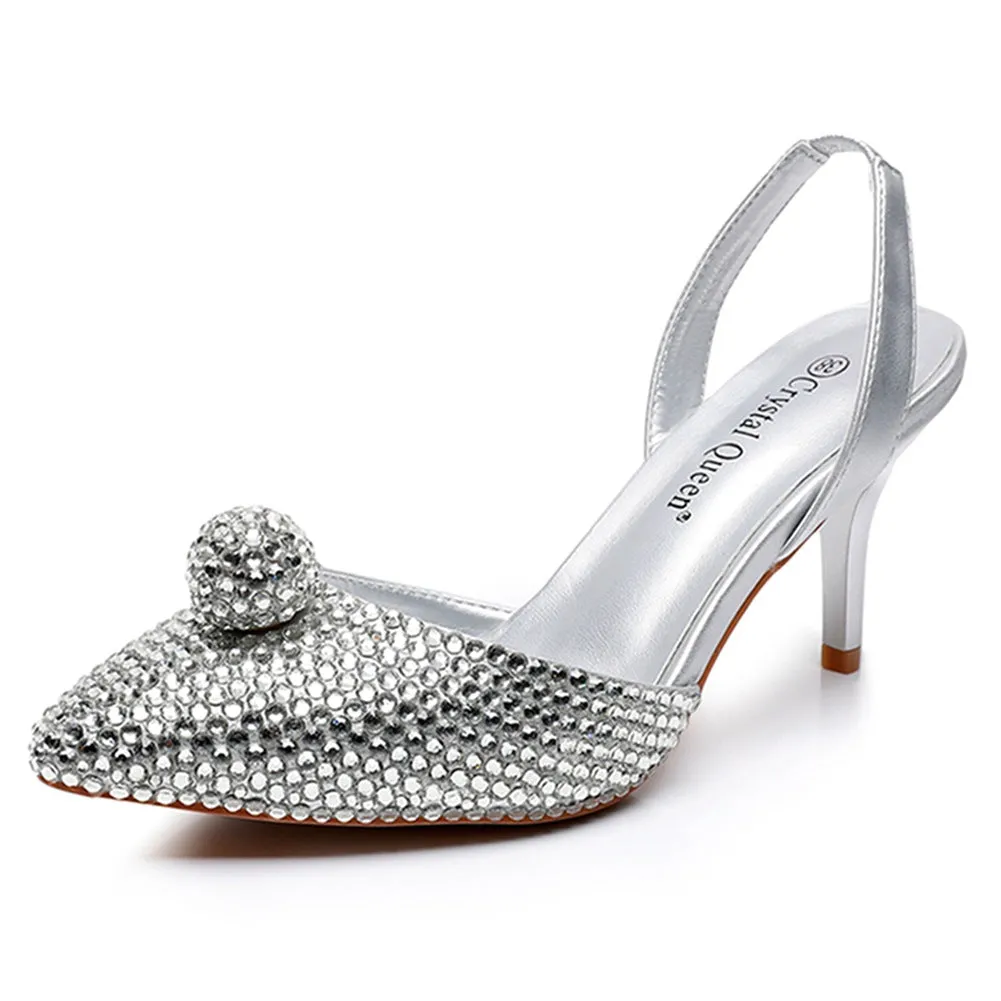 Glittering Rhinestone Ball Bead Pointed Toe High Heels