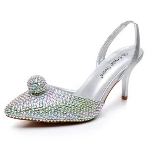 Glittering Rhinestone Ball Bead Pointed Toe High Heels