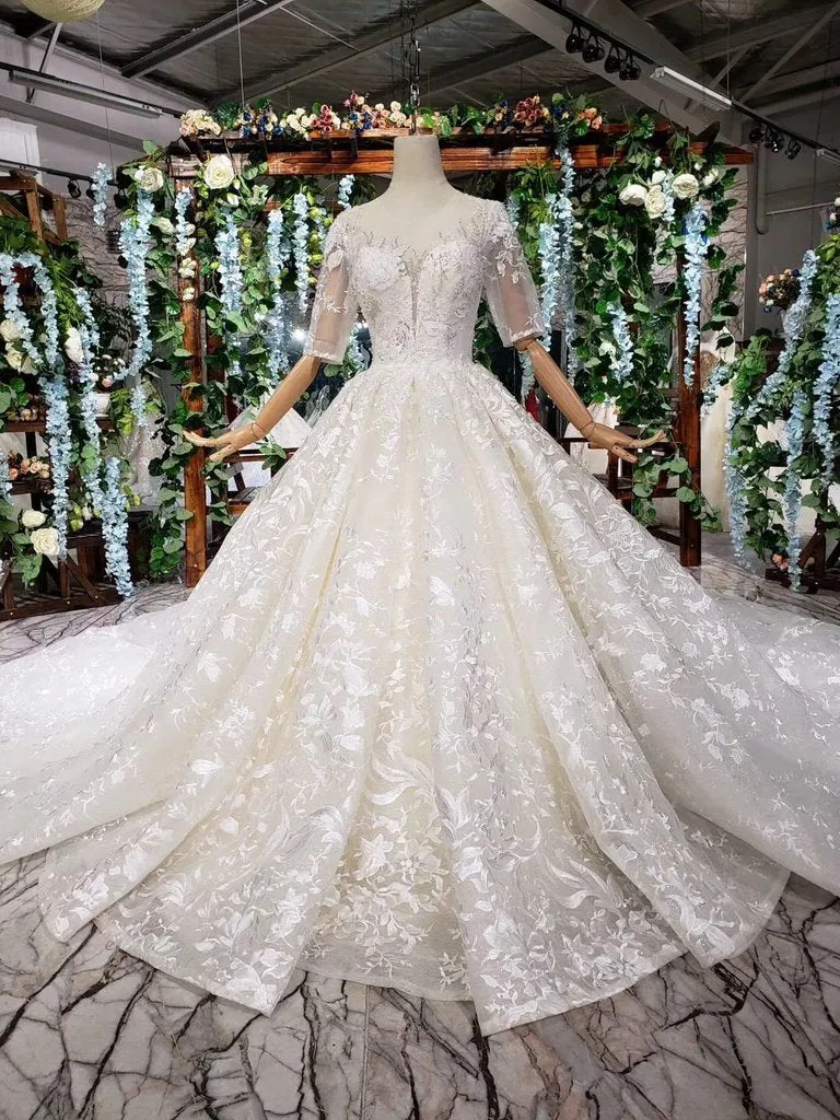 Gorgeous Lace Wedding Dress With Half Sleeves Ball Gown Long Wedding Dress N1625