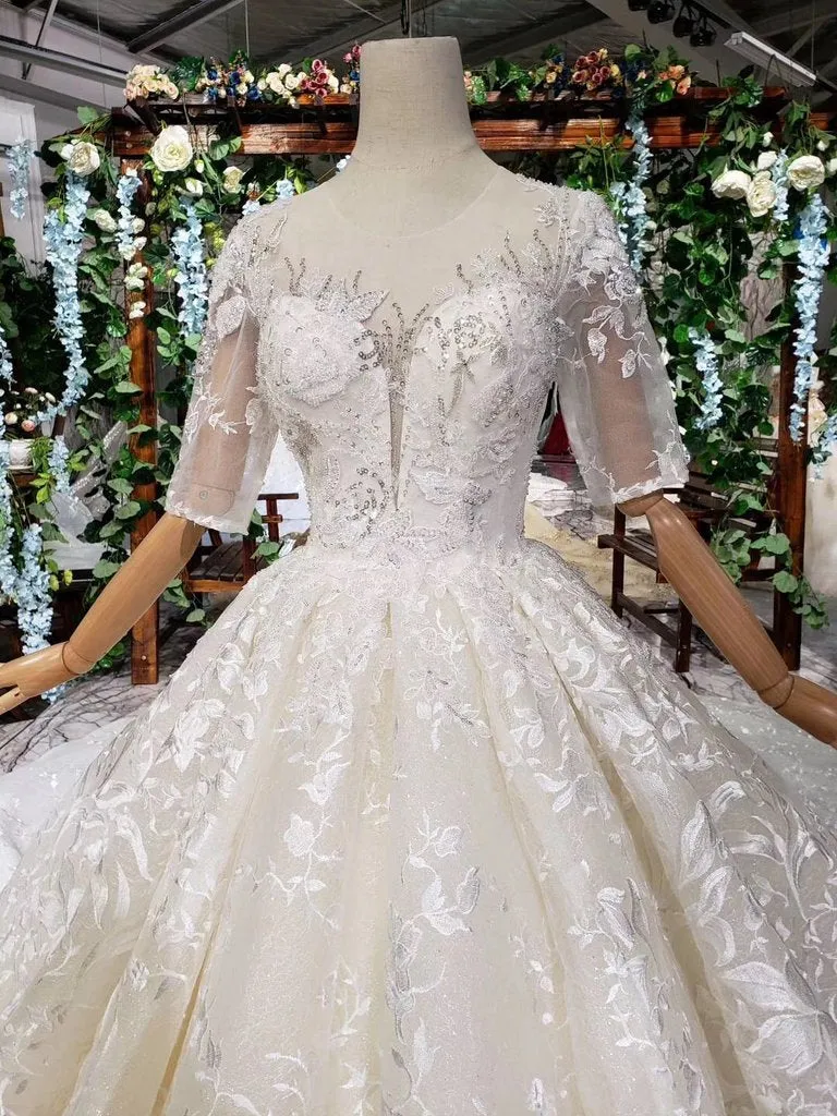 Gorgeous Lace Wedding Dress With Half Sleeves Ball Gown Long Wedding Dress N1625