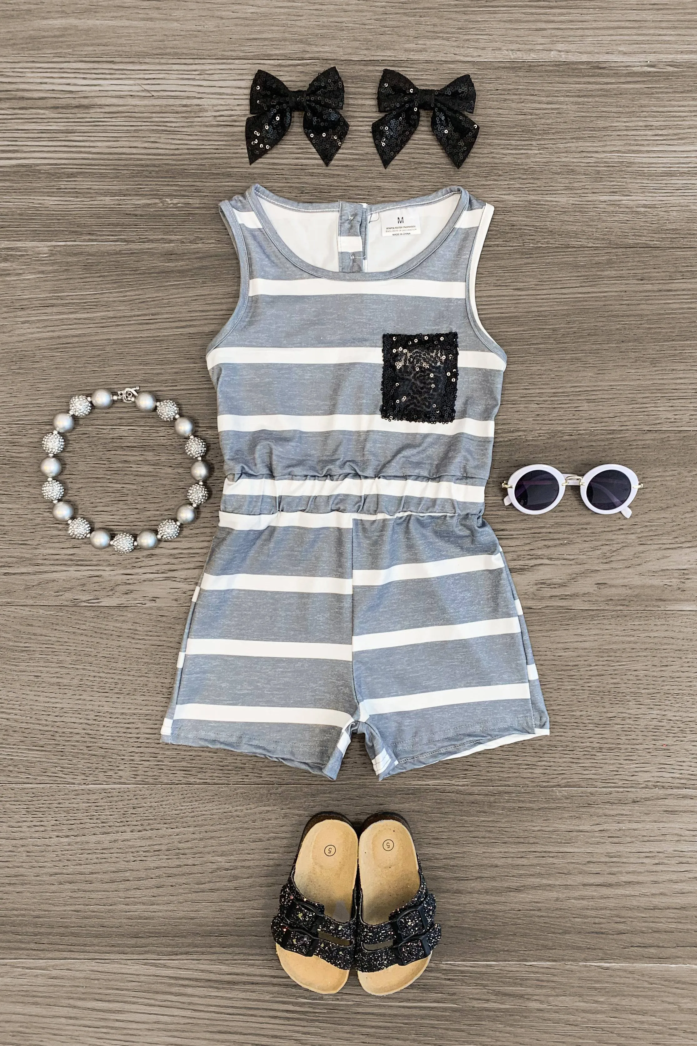 Gray & White Striped Black Sequin Romper