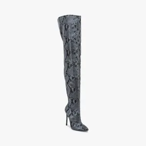 Grey Snake Pointed Stiletto Thigh High Boots