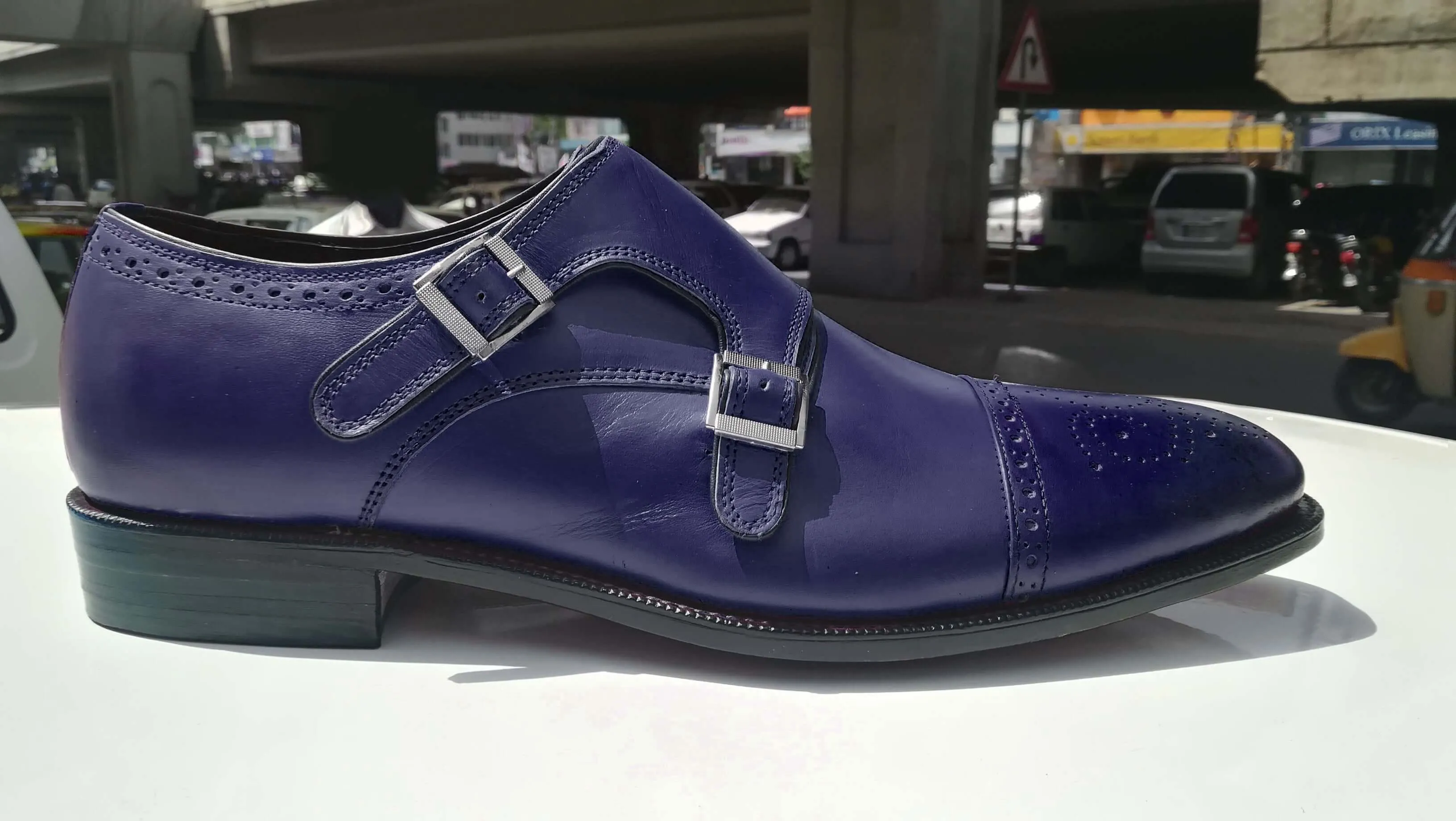 Handmade Men's Monk Shoes, Men's Blue Color Leather Double Monk Strap Casual Shoes.