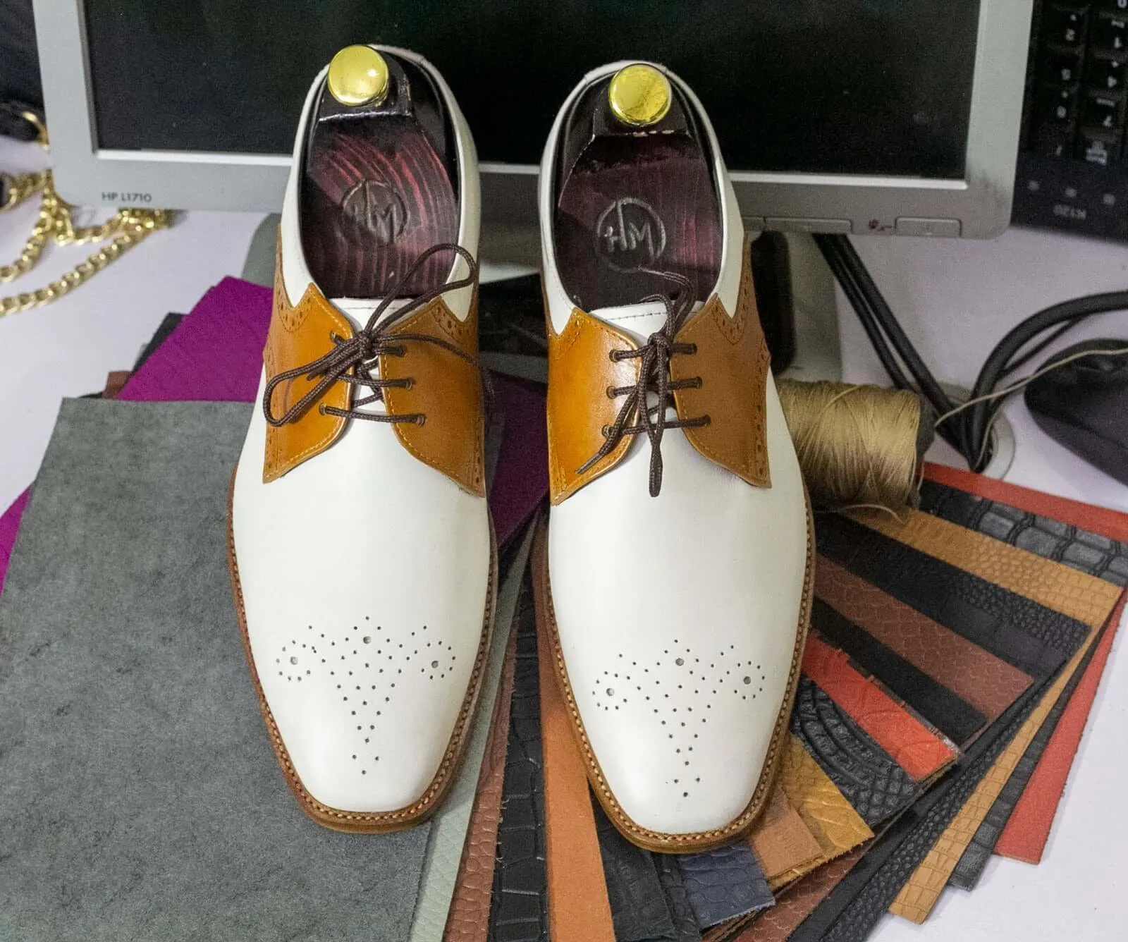 Handmade Two Tone Pure Leather Lace Up Shoes, Formal Wear Shoes