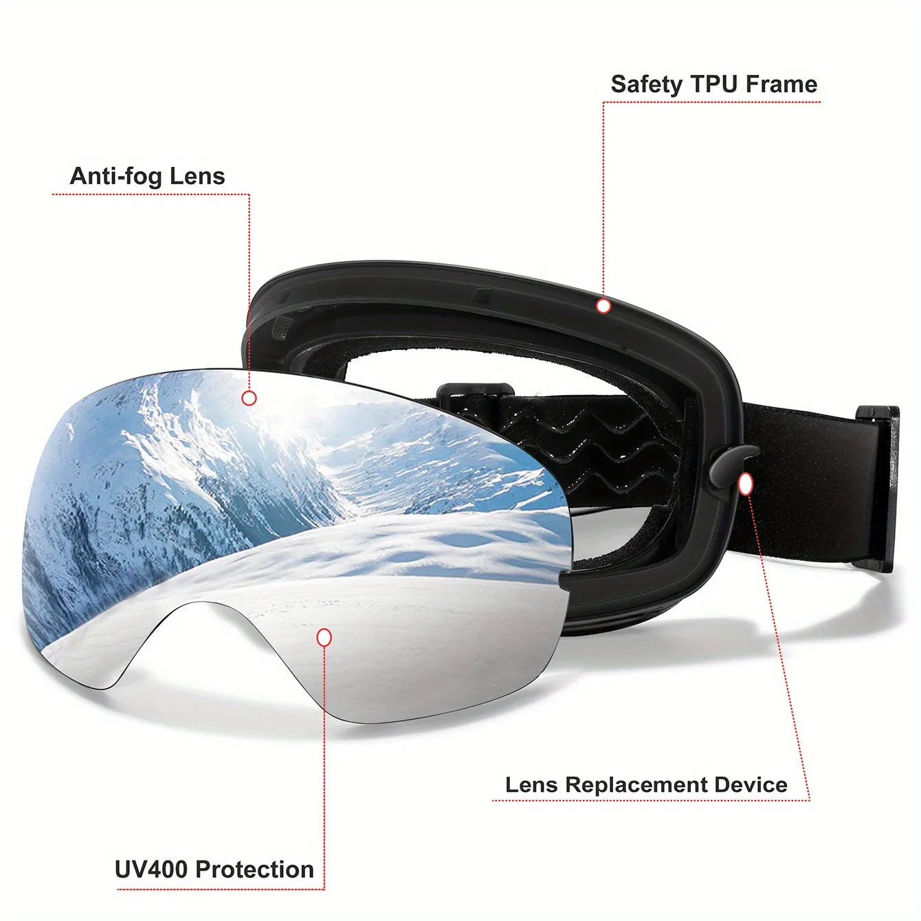 Interchangeable Lens Ski Goggles - Mirrored UV400 Protection, TPU Frame, OTG Design for Wearing Over Glasses - Adults & Youth 14  for Snowboarding, Skating, Snowmobiles - Festive Gifts for Thanksgiving, Christmas, New Year, Spring Festival