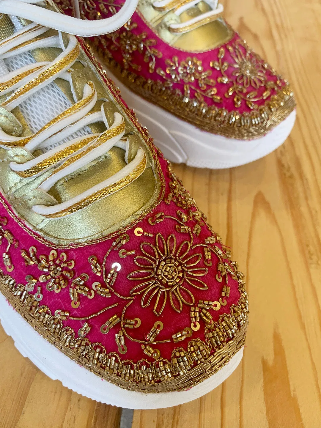 Intricately Crafted Magenta Zardozi Sneakers