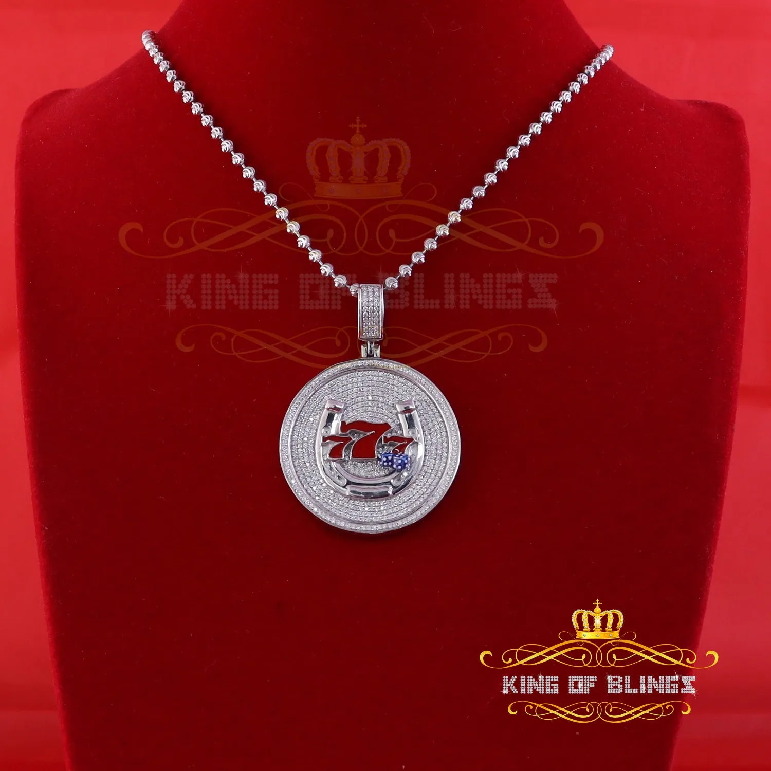 King Of Bling's 2.00ct Moissanite White 925 Silver Gamble Lucky 777 W/Dice Horse Shoes Pendant