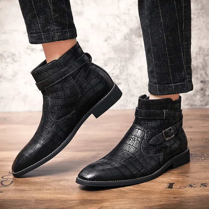 kkboxly kkboxly Men Fashion Comfy Embossed Leather Metal Buckle Strap Ankle Boots