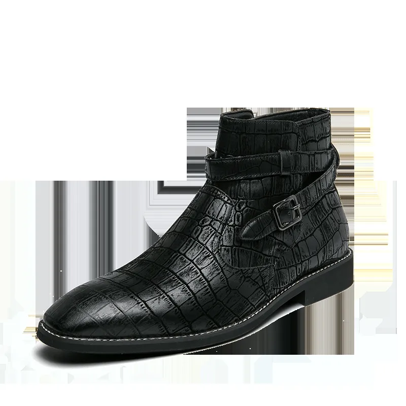 kkboxly kkboxly Men Fashion Comfy Embossed Leather Metal Buckle Strap Ankle Boots