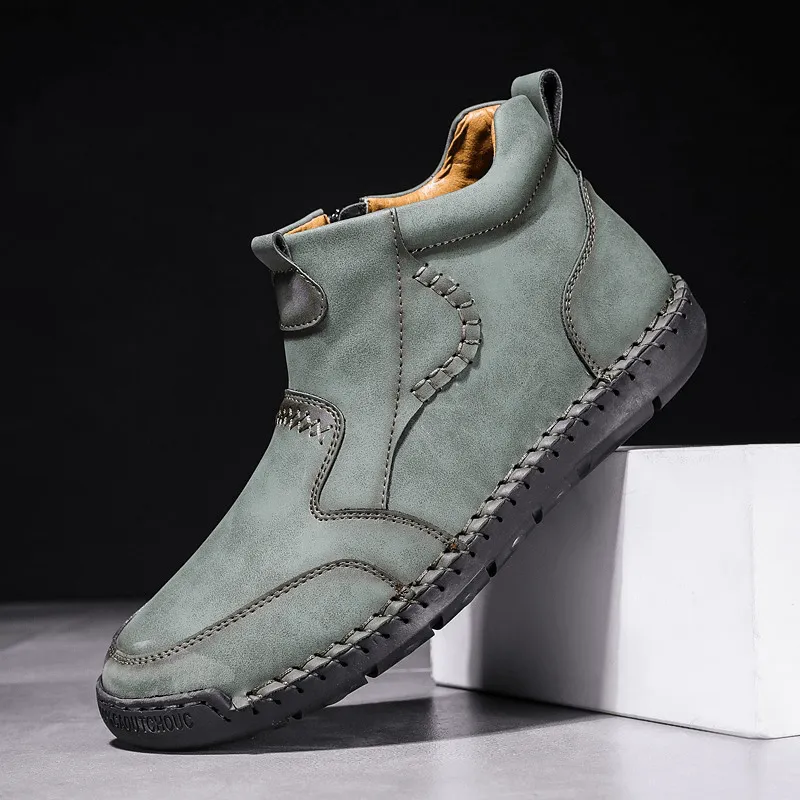 kkboxly kkboxly Men Hand Stitching Microfiber Leather Comfy Non Slip Side Zipper Ankle Boots