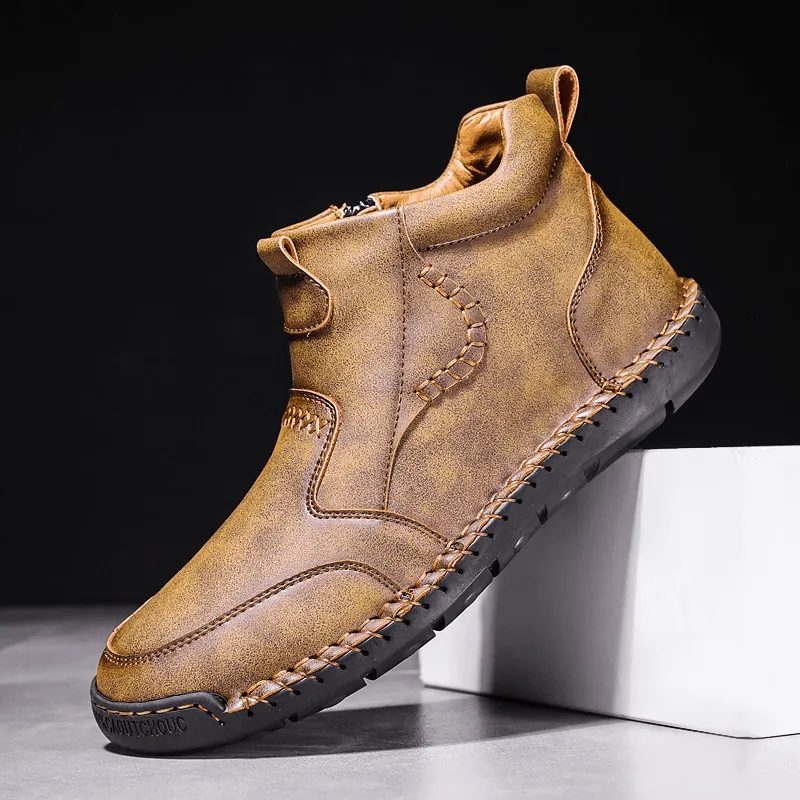 kkboxly kkboxly Men Hand Stitching Microfiber Leather Comfy Non Slip Side Zipper Ankle Boots