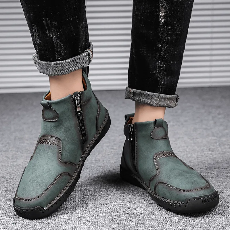 kkboxly kkboxly Men Hand Stitching Microfiber Leather Comfy Non Slip Side Zipper Ankle Boots