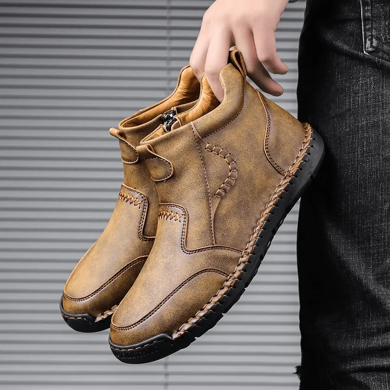 kkboxly kkboxly Men Hand Stitching Microfiber Leather Comfy Non Slip Side Zipper Ankle Boots