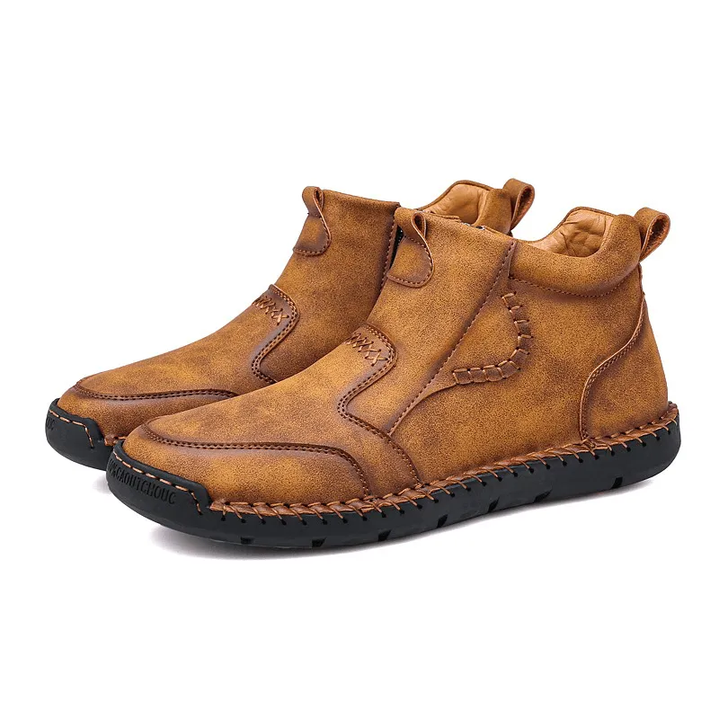 kkboxly kkboxly Men Hand Stitching Microfiber Leather Comfy Non Slip Side Zipper Ankle Boots