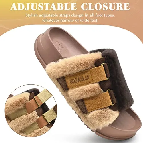 KuaiLu Womens Slides Soft Cushion Faux Fur Sandals for Women Open Toe House Slipper with Arch Support Ladies Slip On Fuzzy Platform Slipper Indoor Outdoor,Brown Size 9