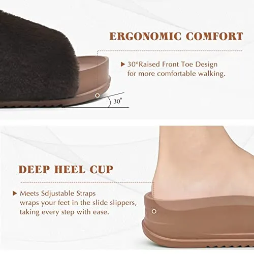 KuaiLu Womens Slides Soft Cushion Faux Fur Sandals for Women Open Toe House Slipper with Arch Support Ladies Slip On Fuzzy Platform Slipper Indoor Outdoor,Brown Size 9