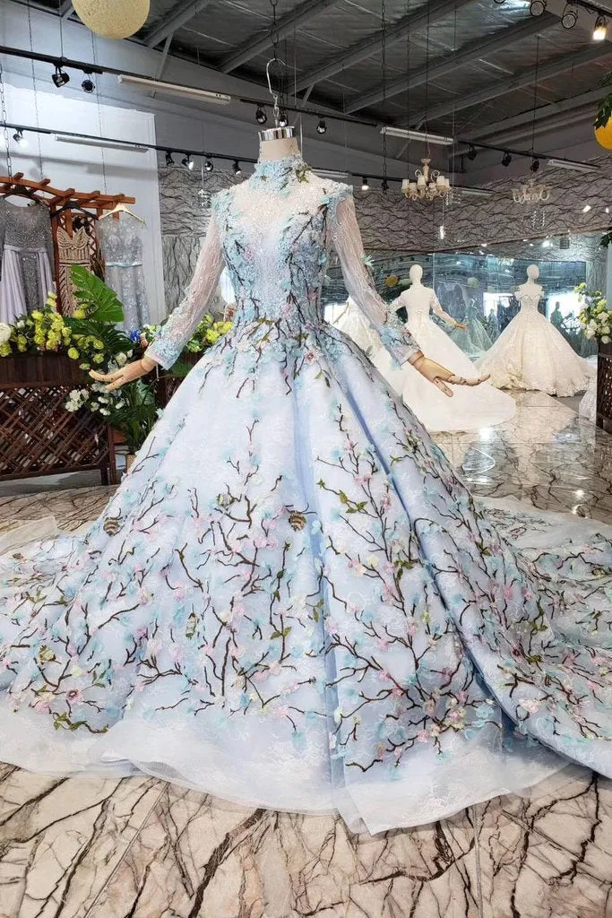 Light Blue Ball Gown Wedding Dress With Lace Flowers Beading Quinceanera Dress N1628