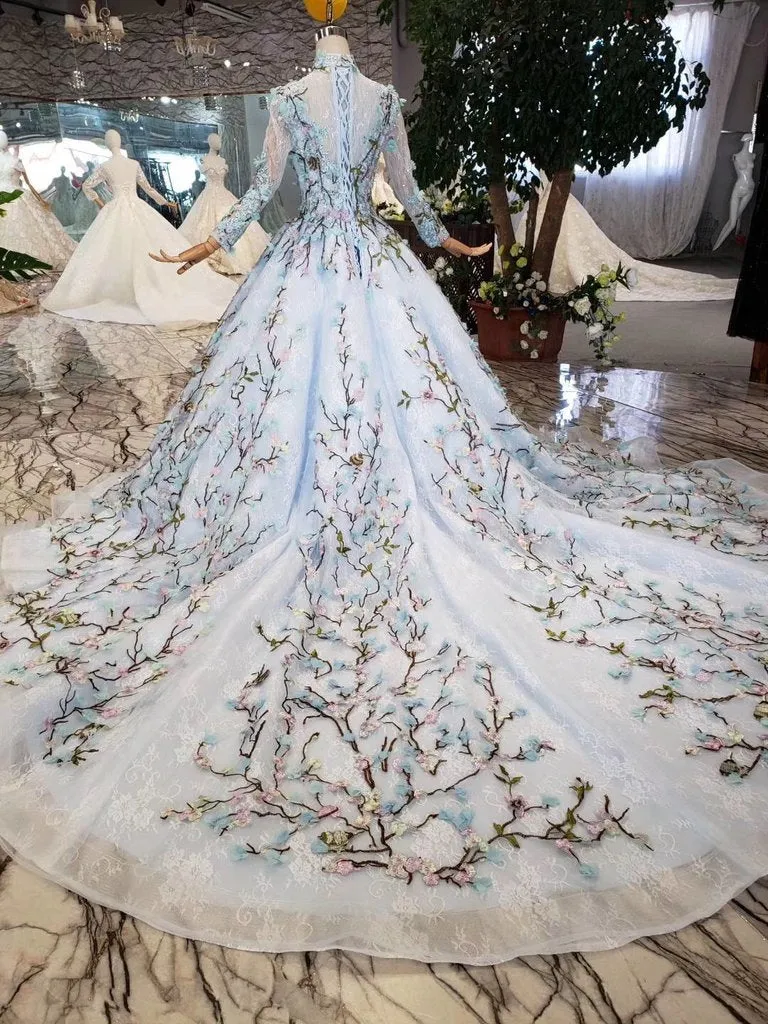 Light Blue Ball Gown Wedding Dress With Lace Flowers Beading Quinceanera Dress N1628