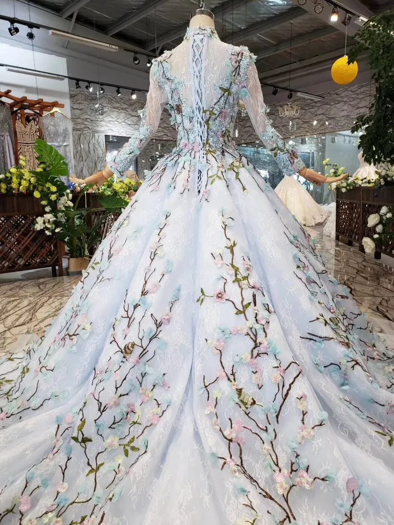 Light Blue Ball Gown Wedding Dress With Lace Flowers Beading Quinceanera Dress N1628