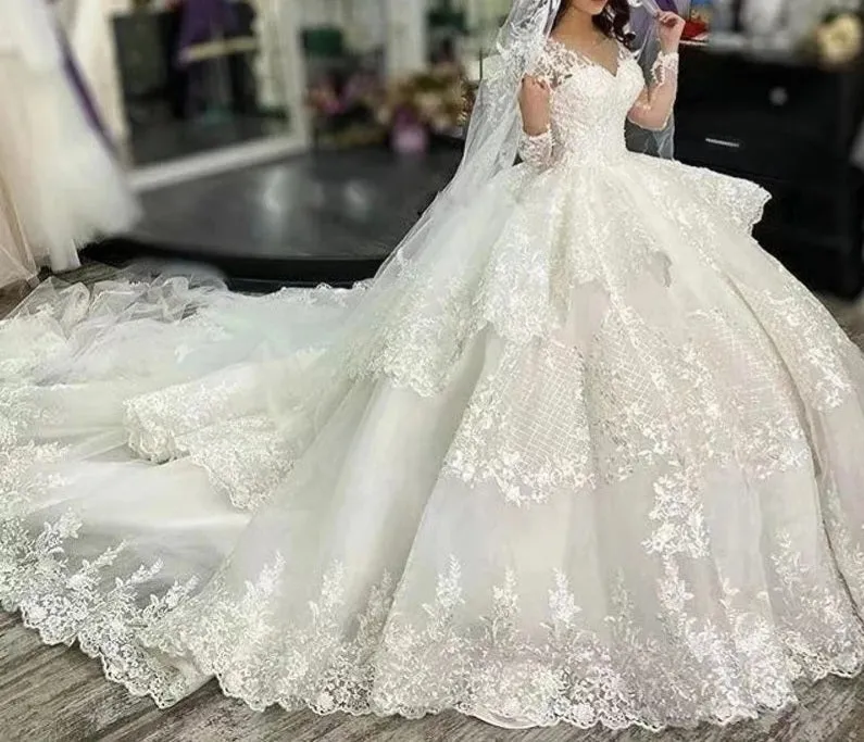 Long Sleeves Princess lace Wedding Dresses