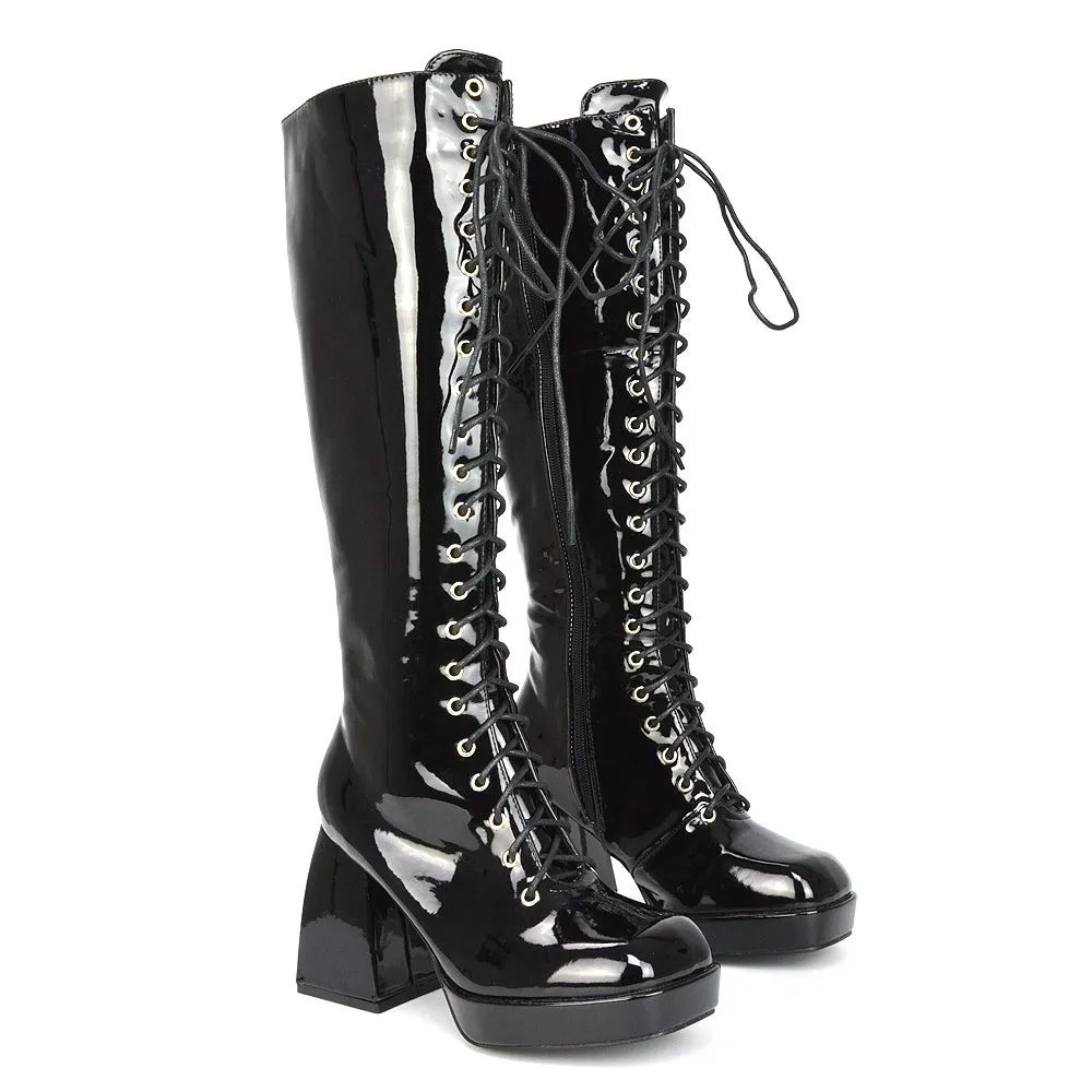 Love Square Toe Chunky Platform Sole Block Heel Knee High Long Lace up Boots in White Patent