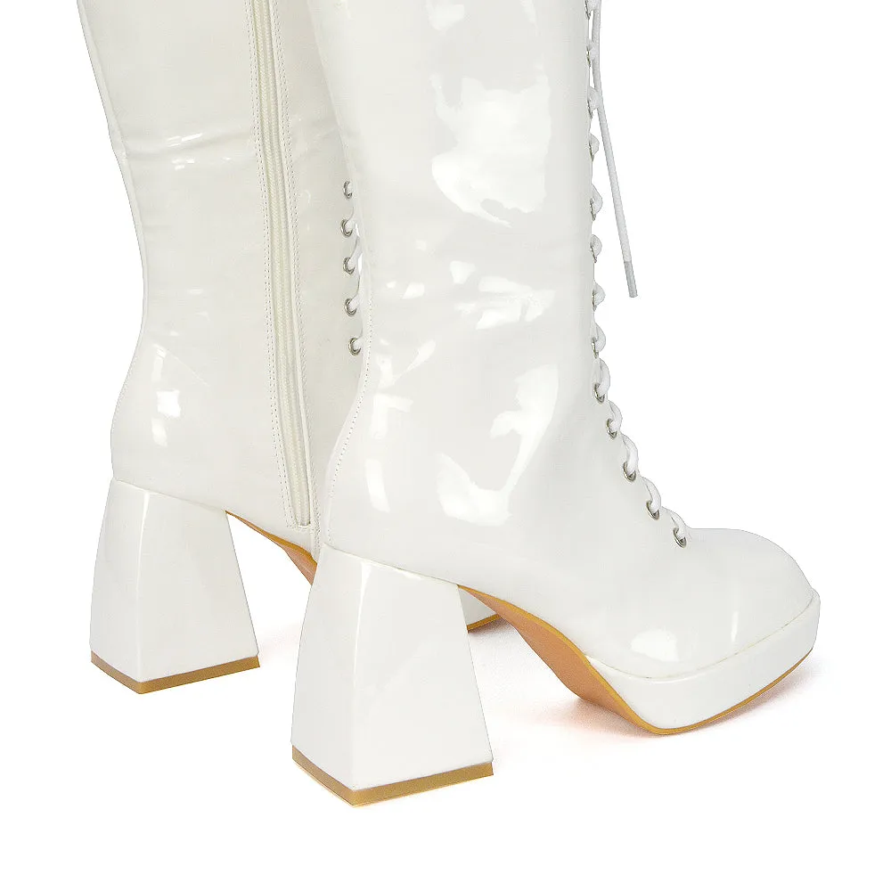 Love Square Toe Chunky Platform Sole Block Heel Knee High Long Lace up Boots in White Patent