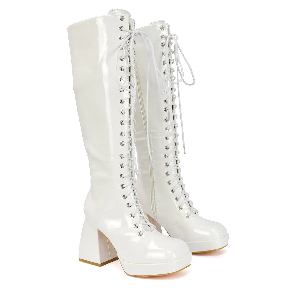 Love Square Toe Chunky Platform Sole Block Heel Knee High Long Lace up Boots in White Patent